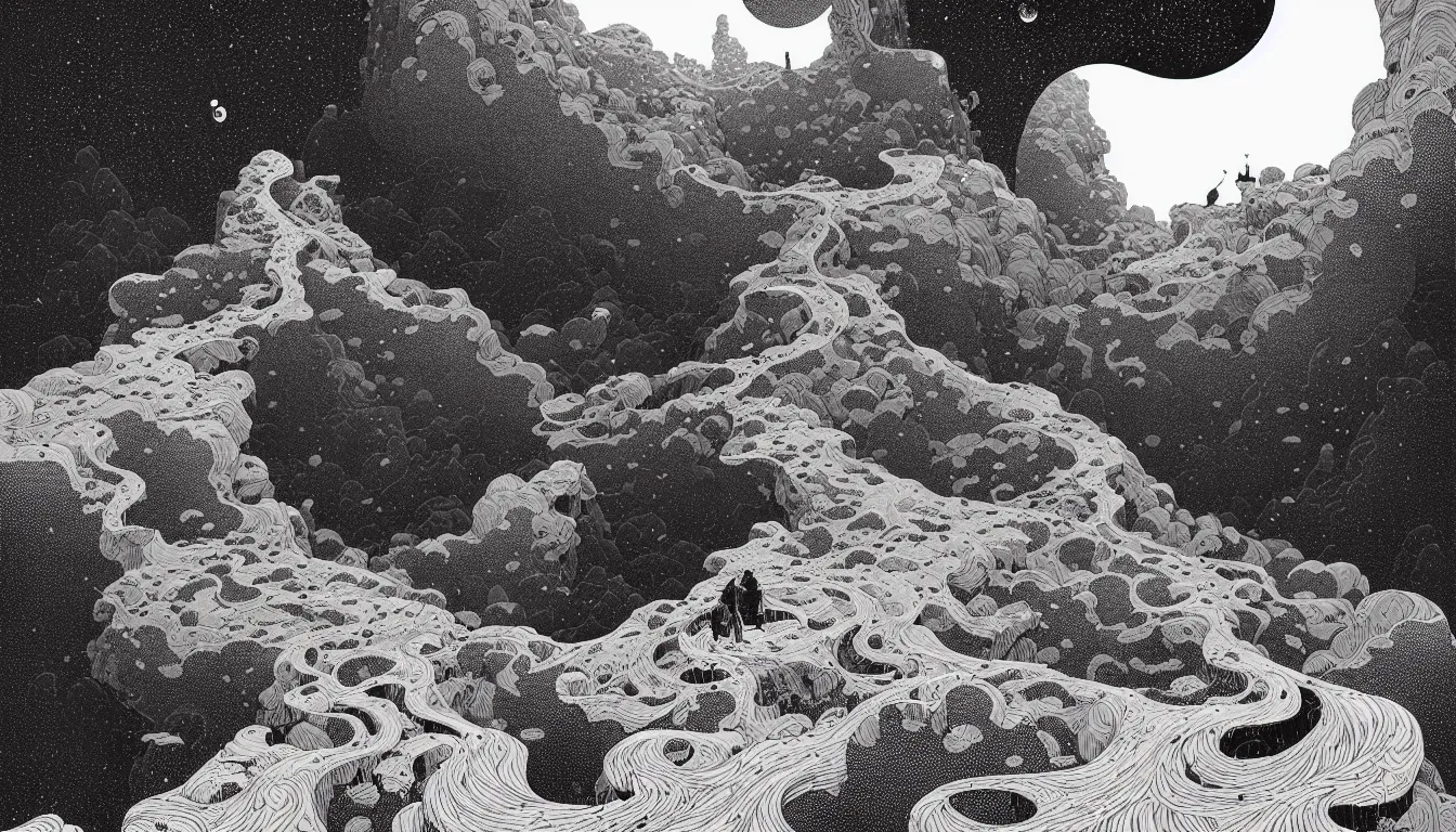 Image similar to standing at the edge of a mountain by nicolas delort, moebius, victo ngai, josan gonzalez, kilian eng