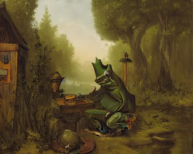 Image similar to frog wizard selling magical wares on a stand next to a pond by achenbach, andreas