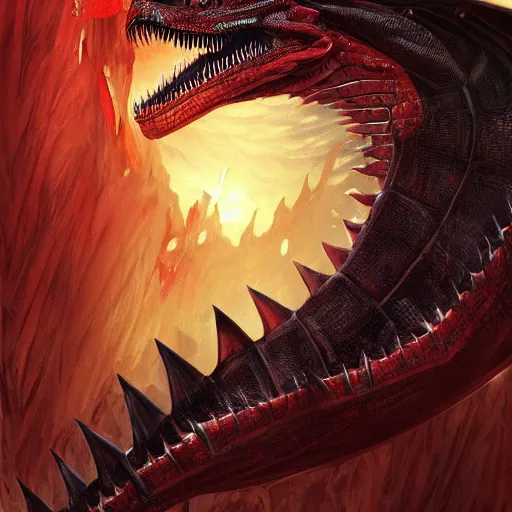 Prompt: a large red - black wyvern dragon, inside of a heavy duty cage, similar to jurassic park, magic the gathering art, d & d, fantasy, intricate, cinematic lighting, highly detailed, digital painting, artstation, concept art, smooth, sharp focus, illustration, art by artgerm and greg rutkowski and alphonse mucha