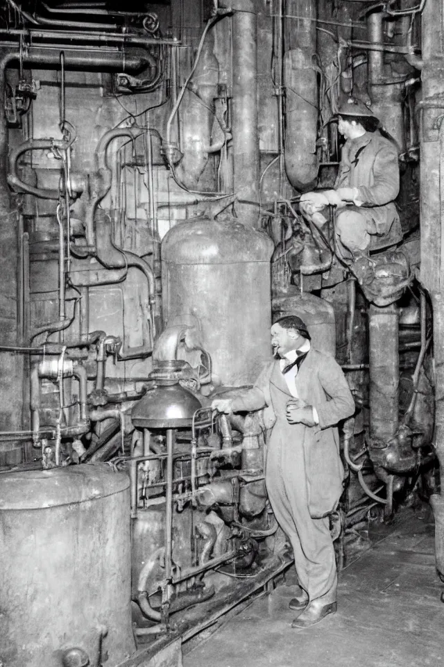 Prompt: hanging out in the victorian era boiler room, laughing egg