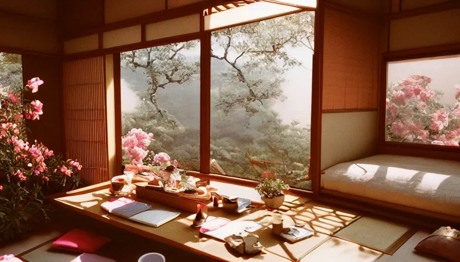 Image similar to 1 9 9 0 s candid 3 5 mm photo of a beautiful day in the a dreamy japanese flowery cottage designed by gucci, cinematic lighting, cinematic look, golden hour, a desk for flower arrangements and journaling has sun shinning on it through a window, temple in the distance, photographed by petra collins, uhd