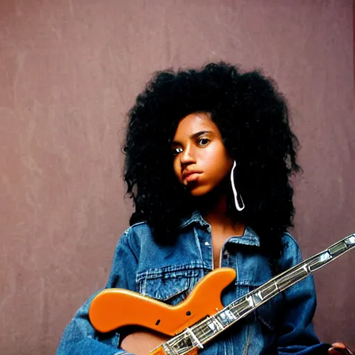 Image similar to 19-year-old black girl, African American girl, with long shaggy black hair, afro hair, wearing denim jacket and bell-bottom jeans, playing electric guitar, stoner metal concert, heavy blues rock, punk rock, noise rock, concert lighting, VHS quality, 1993 photograph