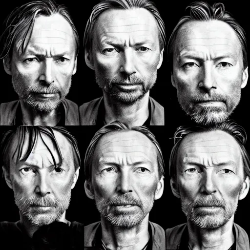 Prompt: collages, hyper realistic, many variations portrait of very old thom yorke, face variations, singer songwriter, ( side ) profile, various ages, macro lens, liminal space, by lee bermejo, alphonse mucha and greg rutkowski, greybeard, smooth face, cheekbones