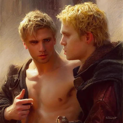 Image similar to attractive male, arthur pendragon who has blond hair confesses his love to attractive male, merlin who has dark hair. highly detailed painting by gaston bussiere, craig mullins, j. c. leyendecker 8 k