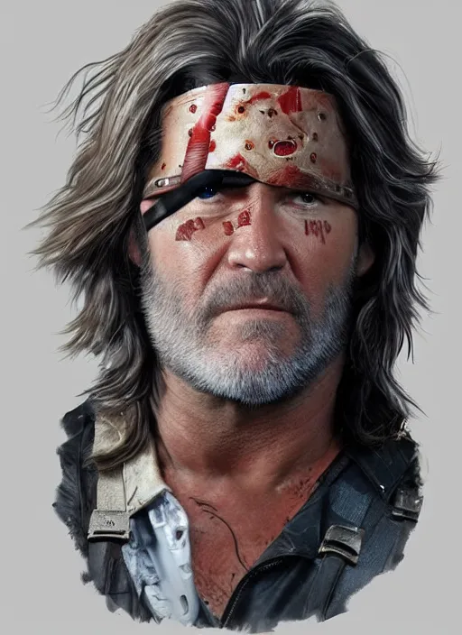 Image similar to Kurt Russell as Snake Plissken Escape From New York, Movie Inspired, black Eye patch over left eye, mixed media, Trending artstation, digital Art