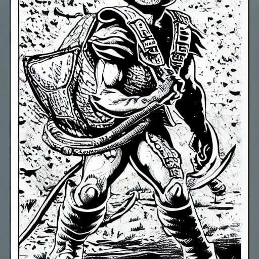 Image similar to Raphael the Ninja Turtle from the Dungeons and Dragons Monster Manual, line art illustration, 1981, high detail