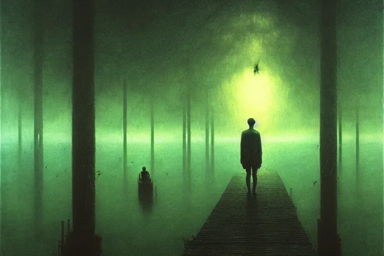 Image similar to man standing on the pier against flyflies and big trees, in the style of beksinski, solarpunk, atmospheric, clean, intricate and epic composition, green by caravaggio, insanely quality, highly detailed, masterpiece, blue light, artstation, 4 k