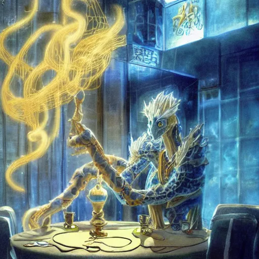 Image similar to an ethereal humanoid snake with hands, golden scales and blue accents scattered in its design, set in an empty tavern full of wispy blue spirits, warm yellow lights, art by yuji ikehata and satoshi kon, background art by miyazaki, realism, proper human male proportions, fully clothed, dungeons and dragons, anime