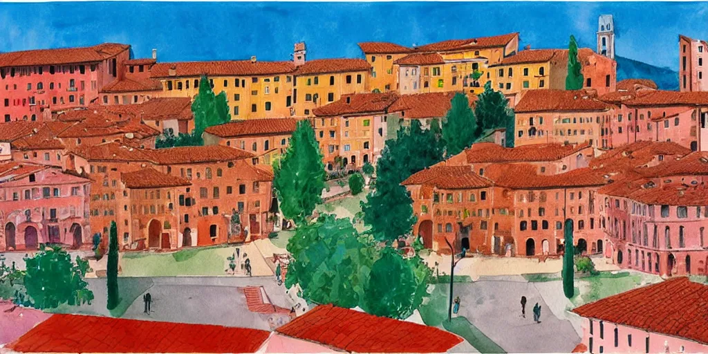 Prompt: watercolor, verona city by david hockney