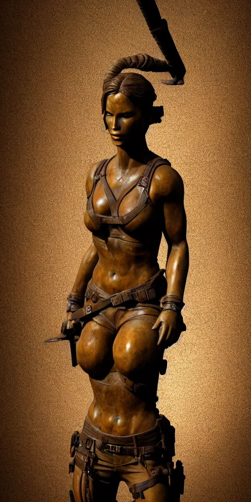 Image similar to detailed photo of an old bronze patina statue of beautiful lara croft, full body portrait, photorealism, various poses, intricate detail, museum diffuse lighting