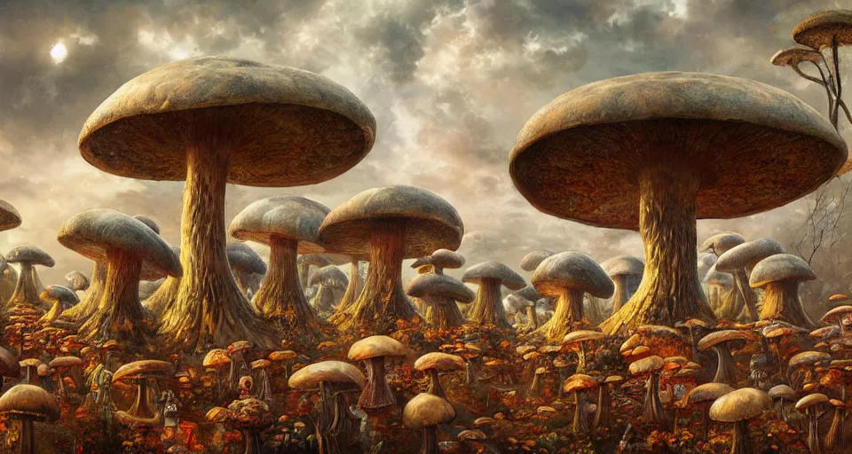 Image similar to A tribal village in a forest of giant mushrooms, by Karol Bak, by Gainax Co,