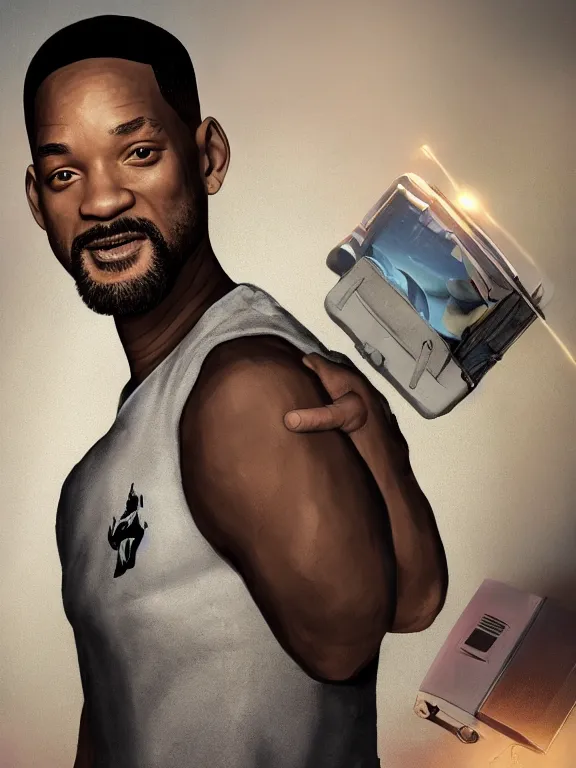 Prompt: portrait art of Will Smith with a suitcase with his face on it 8k ultra realistic , lens flare, atmosphere, glow, detailed, intricate, full of colour, cinematic lighting, trending on artstation, 4k, hyperrealistic, focused, extreme details, unreal engine 5, cinematic, masterpiece