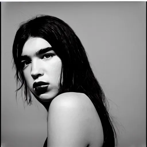 Image similar to photo of Dua Lipa by Diane Arbus, black and white, high contrast, Rolleiflex, 55mm f/4 lens