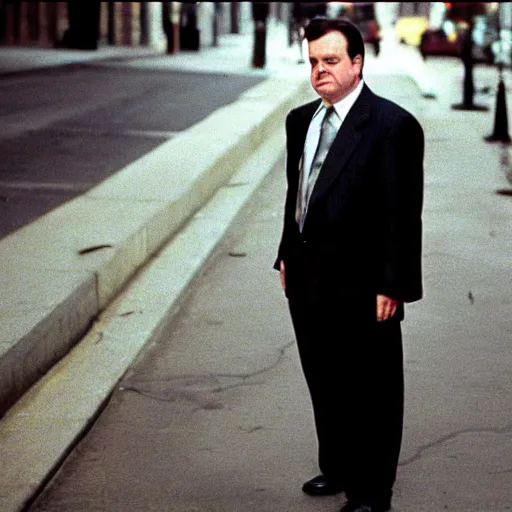 Image similar to 1 9 9 7 nathan lane wearing a black suit and necktie standing on the streets of chicago at night.