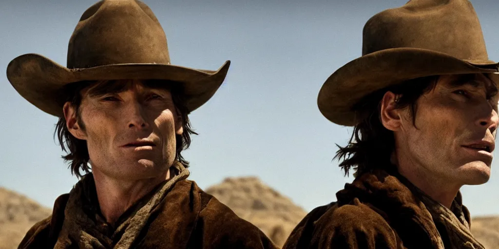 Prompt: portrait of rugged bandit cillian murphy in the old west, strangling a cowboy in volumetric lighting, cinematic, dark, grim. directed by coen brothers.