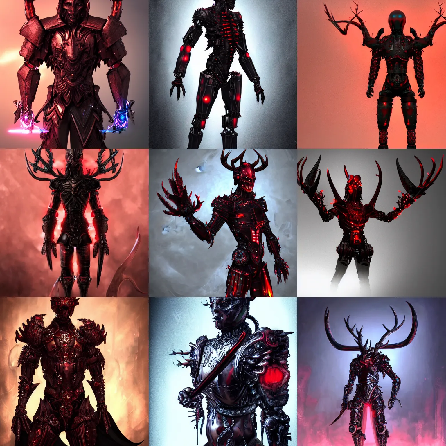 Prompt: humanoid warrior with a body of red thick iridescent metal scales, dark and ominous, cybernetic, powerful, 3 d character concept artwork, sword antlers, realistic, gothic, evil, gritty, matte, fire, detailed, rich iridescent colors, cgi, hd