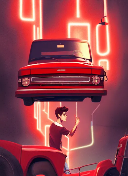 Image similar to teenage archie andrews, in a red ford model t, intricate, elegant, glowing lights, highly detailed, digital painting, artstation, sharp focus, illustration, art by wlop, mars ravelo and greg rutkowski