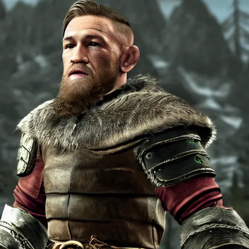 Image similar to character screenshot of conor mcgregor in skyrim, elf armor, ps 3 graphics, npc talking, wilderness, 1 0 8 0 p, bokeh, elder scrolls v, detailed, dialog text