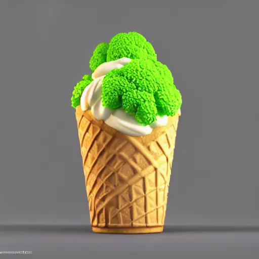 Image similar to a 3 d render of an ice cream in the shape of a brocoli, pixar renderman, trending on artstation, soft lighting, raytracing, high quality, 4 k