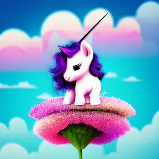 Image similar to very cute and tiny unicorn cat on Dahlia flower flying atop pink clouds, sky background, pixar style, cinematic lightning, award winning creature photography