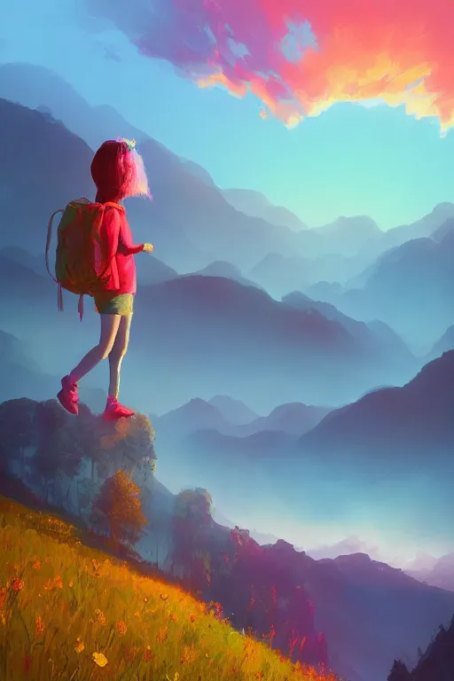 Image similar to giant daisy flower head, girl hiking in the mountains, surreal photography, sunrise, dramatic light, impressionist painting, colorful clouds, digital painting, artstation, simon stalenhag