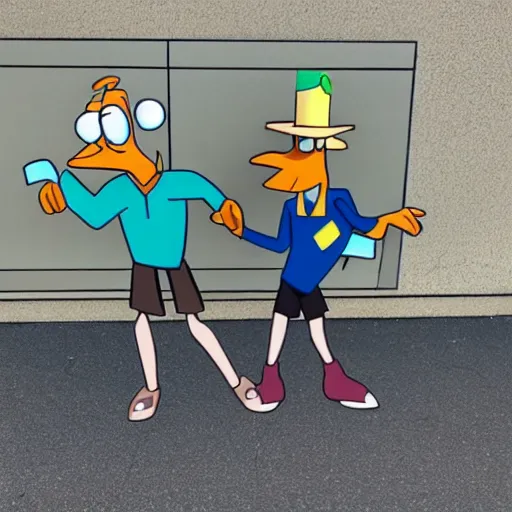 Prompt: perry the platypus and doofenshmirtz on a date