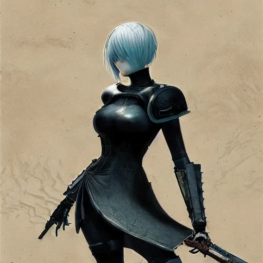 Image similar to pencil drawing of 2 b nier automata wearing a latex suit in a beach, beautiful piercing eyes, hyper realistic face, in the style of greg rutkowski, fantasy, amazing detail, epic, elegant, smooth