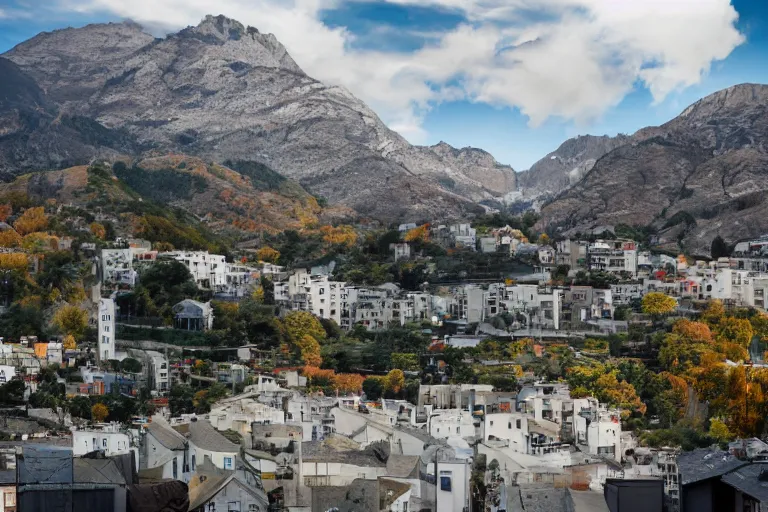 Prompt: warehouses lining a street, with an autumn mountain directly behind, radio tower on mountain, lens compressed, photography