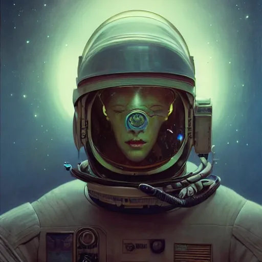 Image similar to a concept art portrait of an astronaut on a depth of field background, artstation, award - winning realistic sci - fi concept art by jim burns and greg rutkowski, beksinski, a realism masterpiece, muted color palette, james gilleard, bruegel, alphonse mucha, and yoshitaka amano