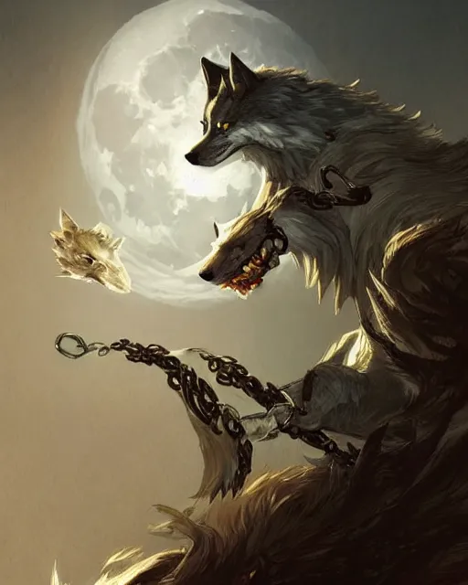 Image similar to '' Illustration a wolf (Fenrir) breaking its chains, (night), (moon in the background), league of legends, Fenrir, LOL, fantasy, d&d, digital painting, artstation, concept art, sharp focus, illustration, art by greg rutkowski and alphonse mucha ''