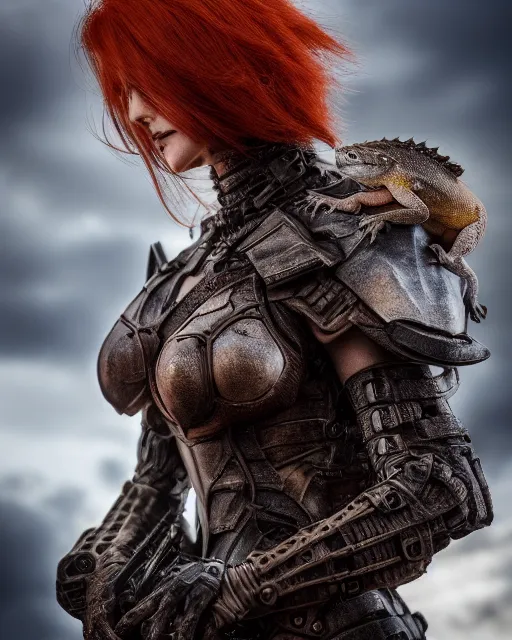 Prompt: 5 5 mm portrait photo of an armored redhead woman with a lizard sitting on her shoulder by luis royo. highly detailed 8 k. intricate. lifelike. soft light. nikon d 8 5 0. cinematic post - processing