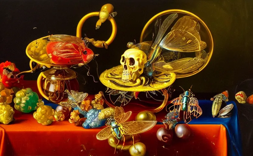 Image similar to beautiful colorful oil painting dutch golden age vanitas still life with gorgeous fututistic objects shiny transparent surfaces shiny metal insects rachel ruysch dali todd schorr very detailed perfect composition rule of thirds masterpiece chiaroscuro canon 5 0 mm, cinematic lighting, photography, retro, film, kodachrome