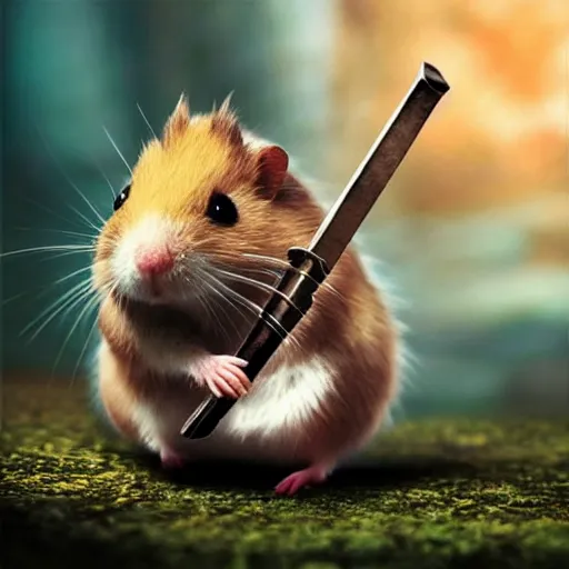 Image similar to “A flawless, fantasy photograph of a small hamster carrying an oversized, Buster Sword from Final Fantasy 7, Ultra HD, 8k resolution, High Quality”
