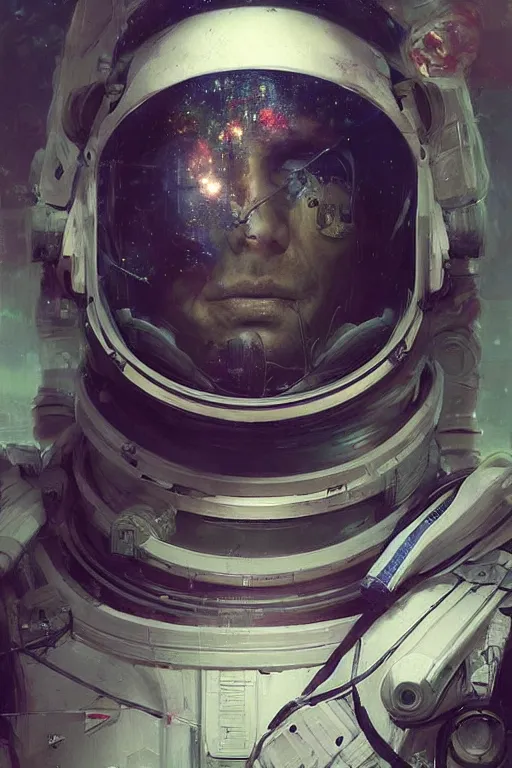 Prompt: portrait of an astronaut in 3 / 4 view wearing a very futuristic helmet with cybernetics and wirings, vaporwave aesthetic, dreamcore by craig mullins, ruan jia, kentaro miura, greg rutkowski