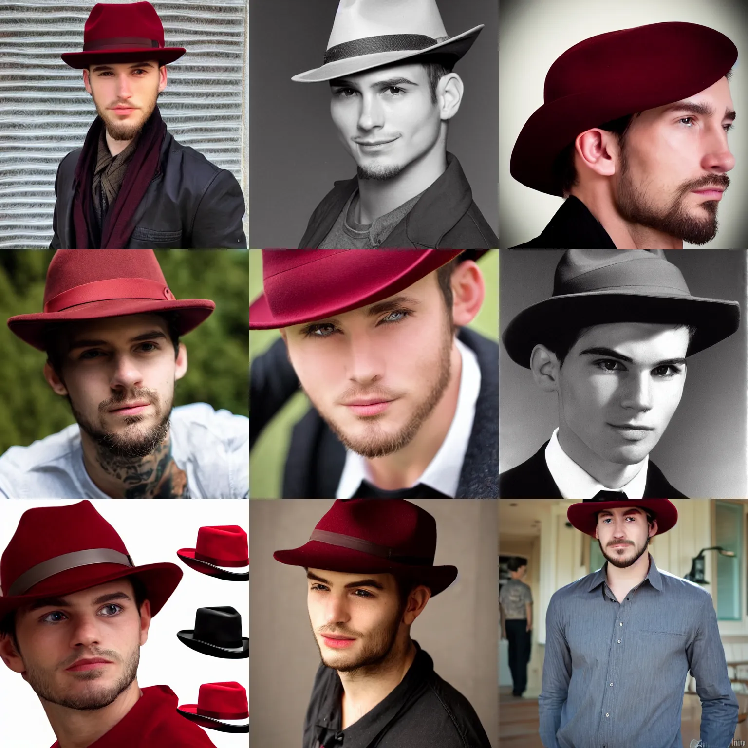 Prompt: young man square jawline ethan hawk dark red fedora hat smirk faint goatee