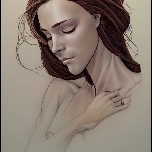 Image similar to a detailed drawing of a beautiful woman, by Moebius and jenny Frison