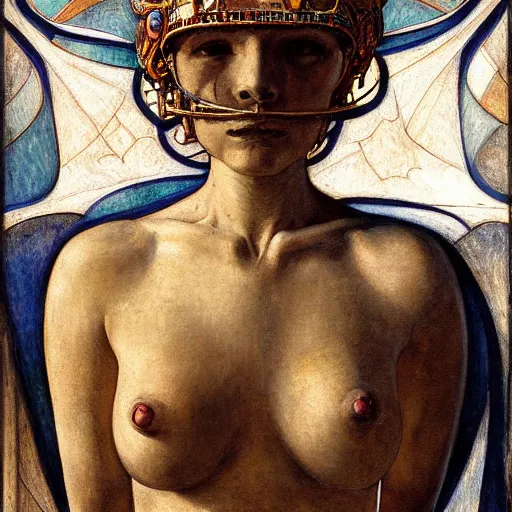 Image similar to the robot wearing her bone crown, by Annie Swynnerton and Diego Rivera , symbolist, dramatic lighting, elaborate geometric ornament, Art Brut, god rays, soft cool colors,smooth, sharp focus, extremely detailed, Adolf Wölfli and (Donato Giancola)