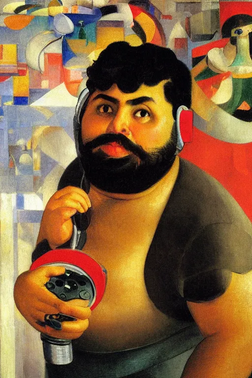 Prompt: portrait of a handsome chubby bearded Hispanic man, wearing headset and T-shirt, holding game controller, glowing with silver light, painting by Franz Marc, by Jean-Léon Gérôme, by Winsor McCay, today's featured photograph, 16K
