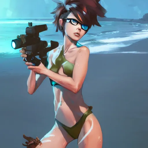 Image similar to tracer in bikini, cinematic lighting, dramatic atmosphere, artwork by dustin nguyen, akihiko yoshida, greg tocchini, greg rutkowski, cliff chiang, 4 k resolution, trending on artstation