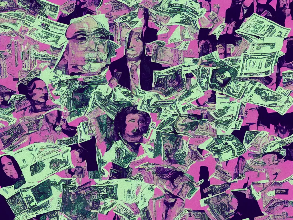 Prompt: vaporwave glitchy corrupt jpeg of corrupt officials bathing in money