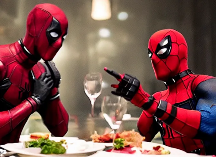 Image similar to film still of Deadpool and Spiderman having a romantic dinner in the new Spiderman movie, 4k