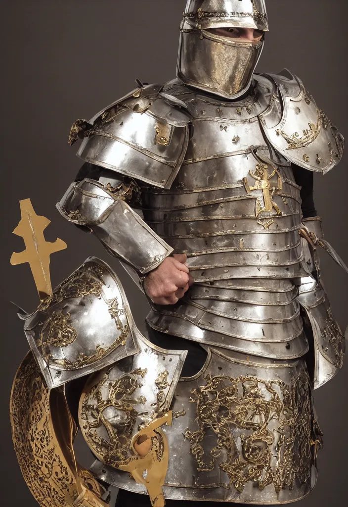 Prompt: man in decorated crusader armor and crusader helmet and big golden cross on his chest plate