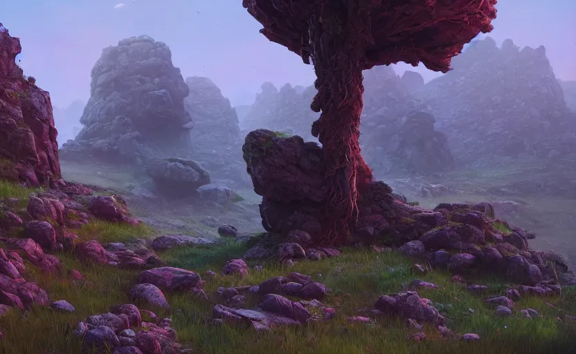 Image similar to dwarven tree in the rocky hills, Low level, rendered by Beeple, Makoto Shinkai, syd meade, simon stålenhag, synthwave style, digital art, unreal engine, WLOP, trending on artstation, 4K UHD image, octane render,