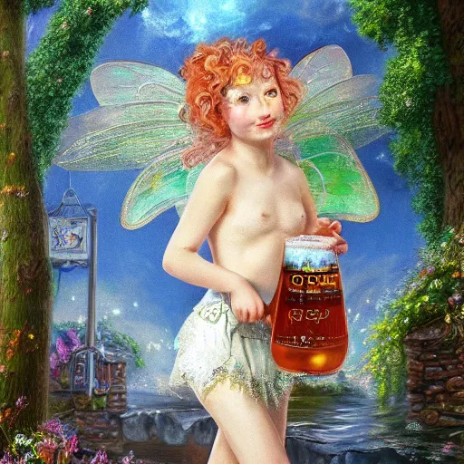 Prompt: A cute fairy visiting a British pub, on canvas, hyperdetailed, high quality, 4k, full view