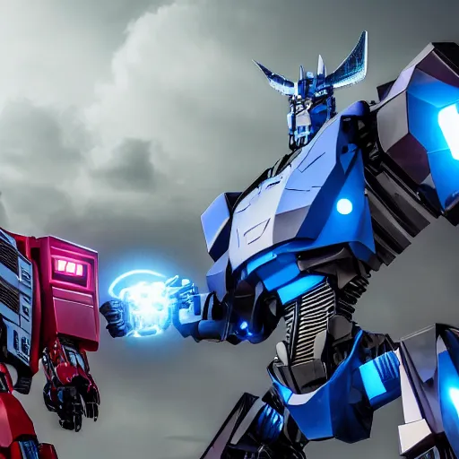 Prompt: kodachromatic photo of realistic autobot and decepticon, transformer,8k