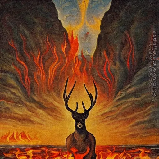 Image similar to bosch painting of a deer god hovering a lake of fire from where people try to escape