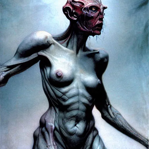 Image similar to still frame from Prometheus movie, WH40k chaos Slaanesh succubus editorial by wayne barlowe by caravaggio painted by Dariusz Zawadzki by giger by beksinski