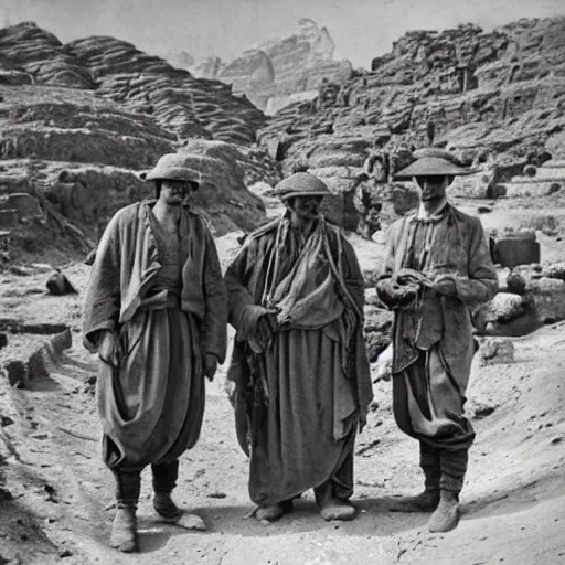 Image similar to ultra detailed photorealistic sepia - toned photo from 1 9 1 7, three clean - shaven british soldiers standing with two bedouin traders in traditional arab garb, at an archaeological dig site in wadi rum, ultra realistic, painted, intricate details, lovecraft, atmospheric, dark, horror, brooding, highly detailed, by clyde caldwell