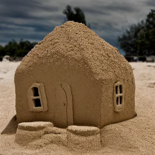 Image similar to A beautiful conceptual art of a broken-down house with a family living inside. sand sculpture by Chip Zdarsky rhythmic