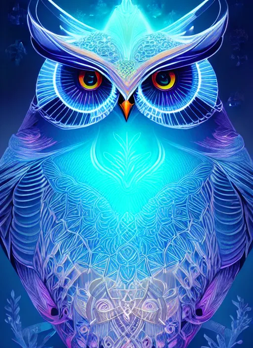 Image similar to symmetry!! product render poster vivid colors divine proportion owl, ice and snow, glowing fog intricate, elegant, highly detailed, digital painting, artstation, concept art, smooth, sharp focus, illustration,